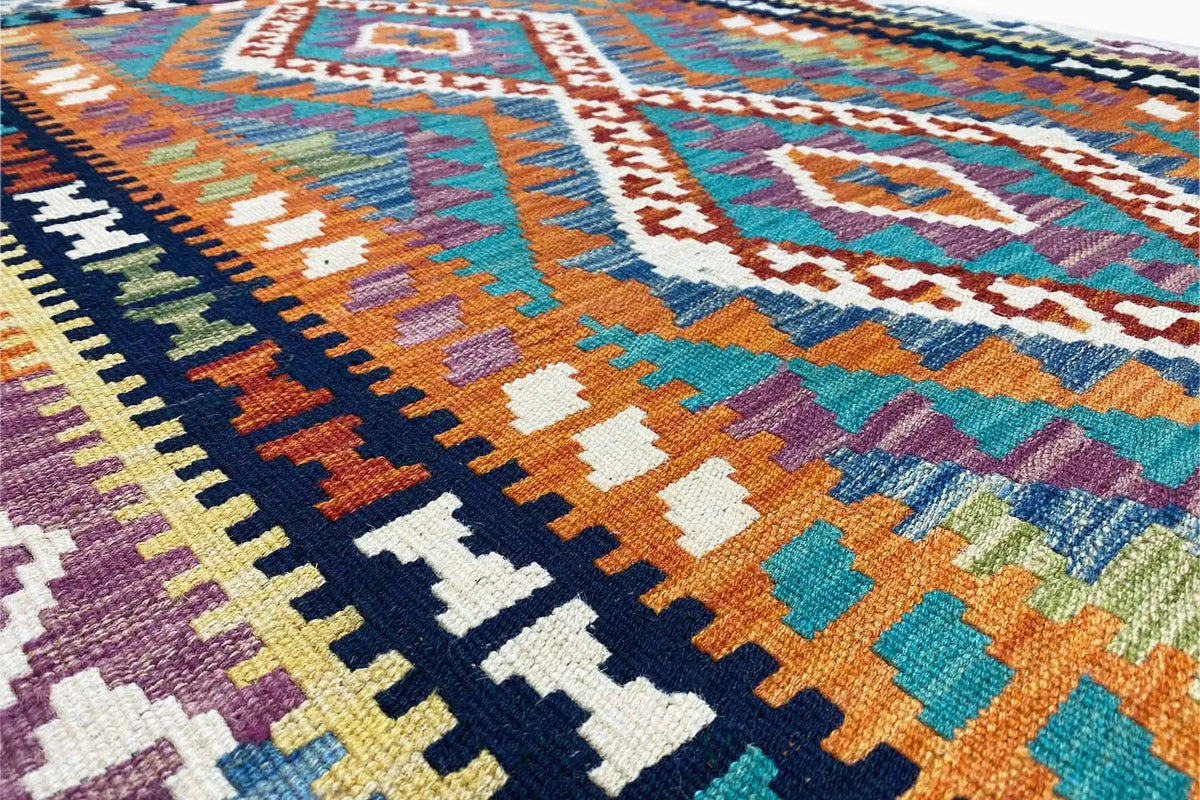 Rug detail with colorful geometric patterns in orange, blue, and turquoise