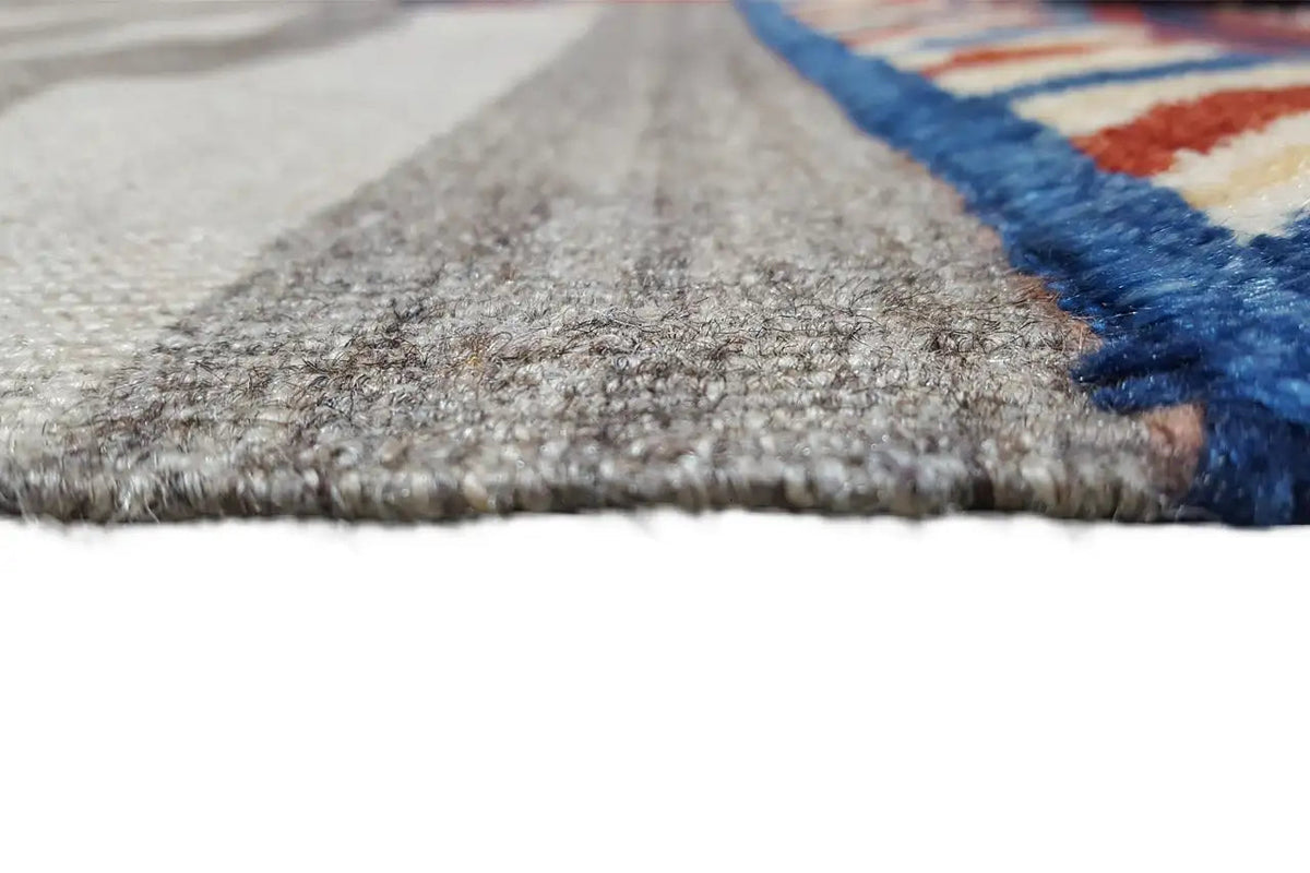 Kilim details: short pile and fringe, beige-gray base with a blue border