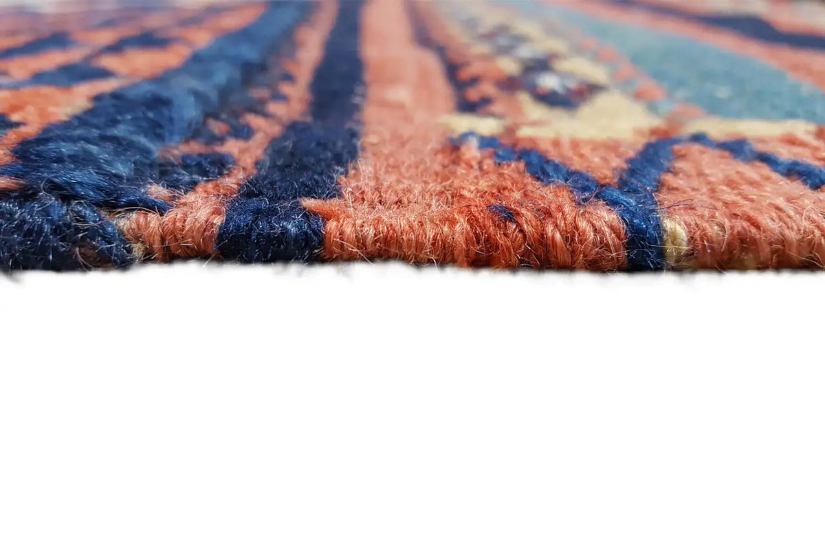 Kelim-Bakhtiari rug border detail with short pile and fringes, blue and rust red