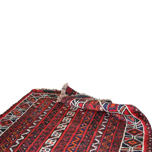 Carpet with a red striped pattern and white-and-blue decorative bands along the border