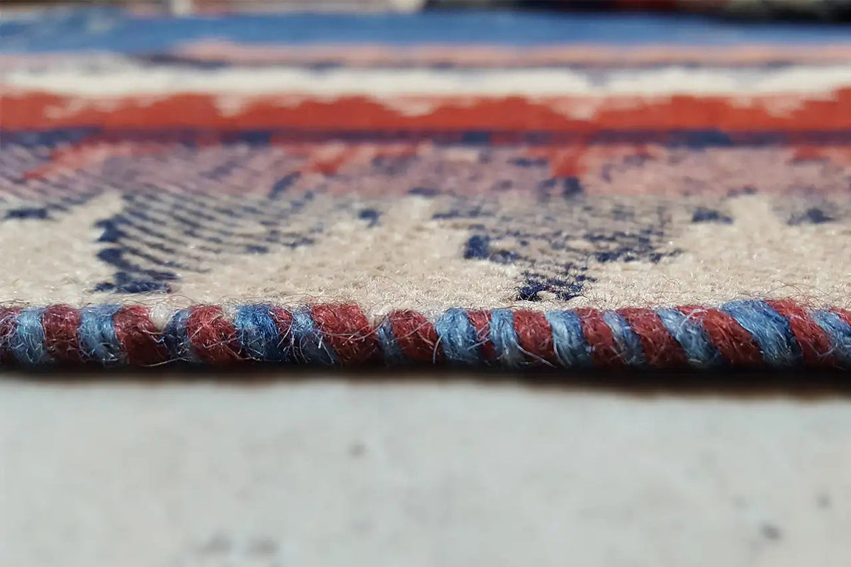 Close-up: fringes and multicolored selvedge on the striped rug