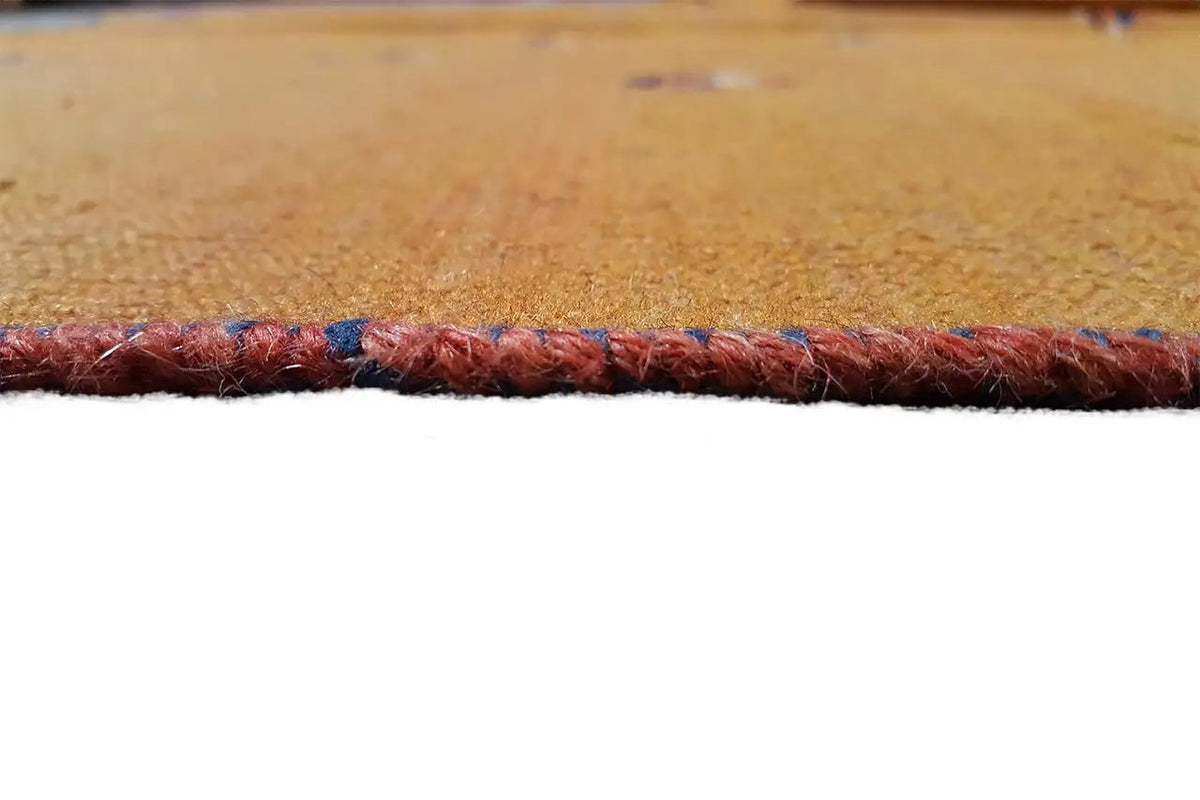 Detail on the carpet edge: dark red selvedge with a blue hemline.