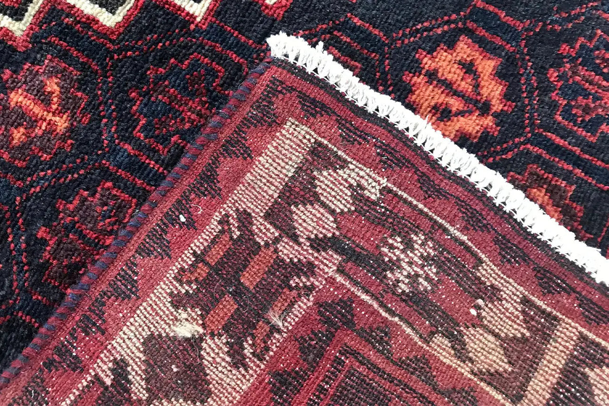 Rug detail: fringed border and woven red ornamental braid