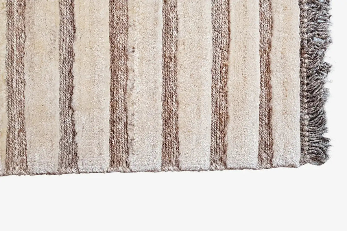 Kilim gabbeh rug edge with side fringes, vertical stripes in beige and brown