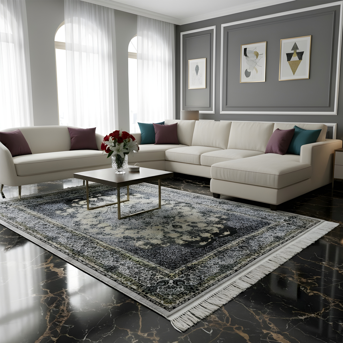 Modern machine-made rug in a living room. There is a beige sofa, a table on the rug, and a vase with rose flowers.