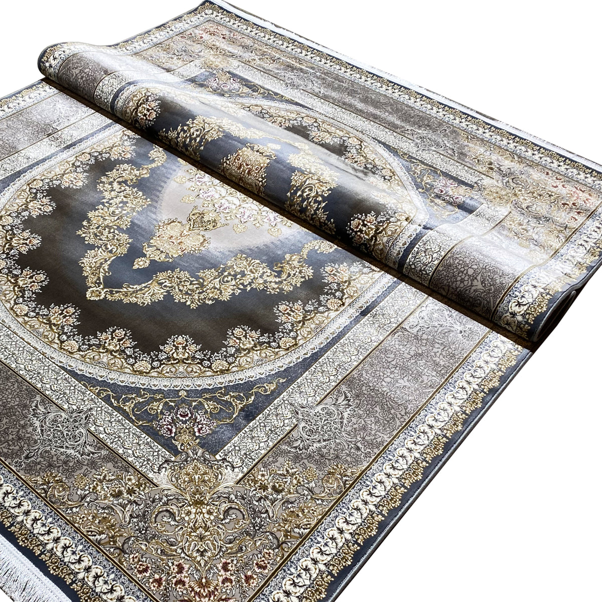 Rectangular rug in dark blue with a silver-gold ornamental and medallion pattern