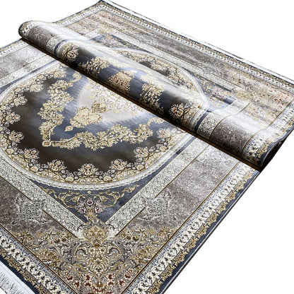 Rectangular rug in dark blue with a silver-gold ornamental and medallion pattern