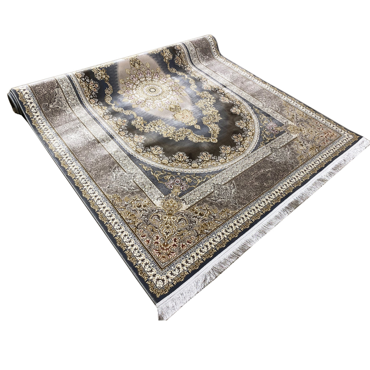 Rectangular dark blue rug with silver border stripes and gold embellishments