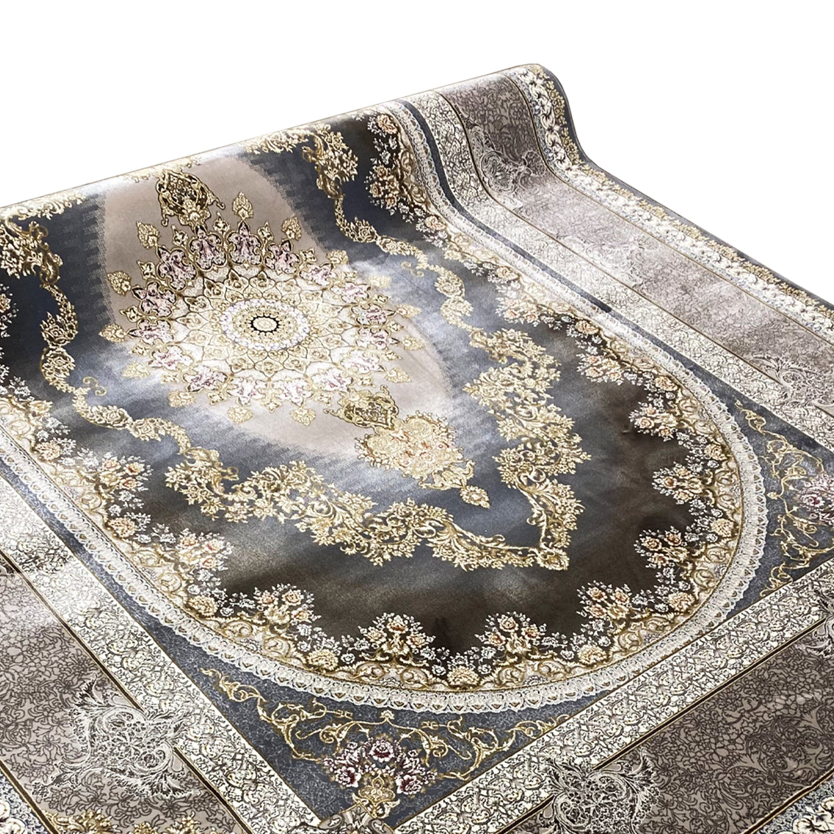 Carpet with a round medallion in the center, dark blue with silvery-gold detailing