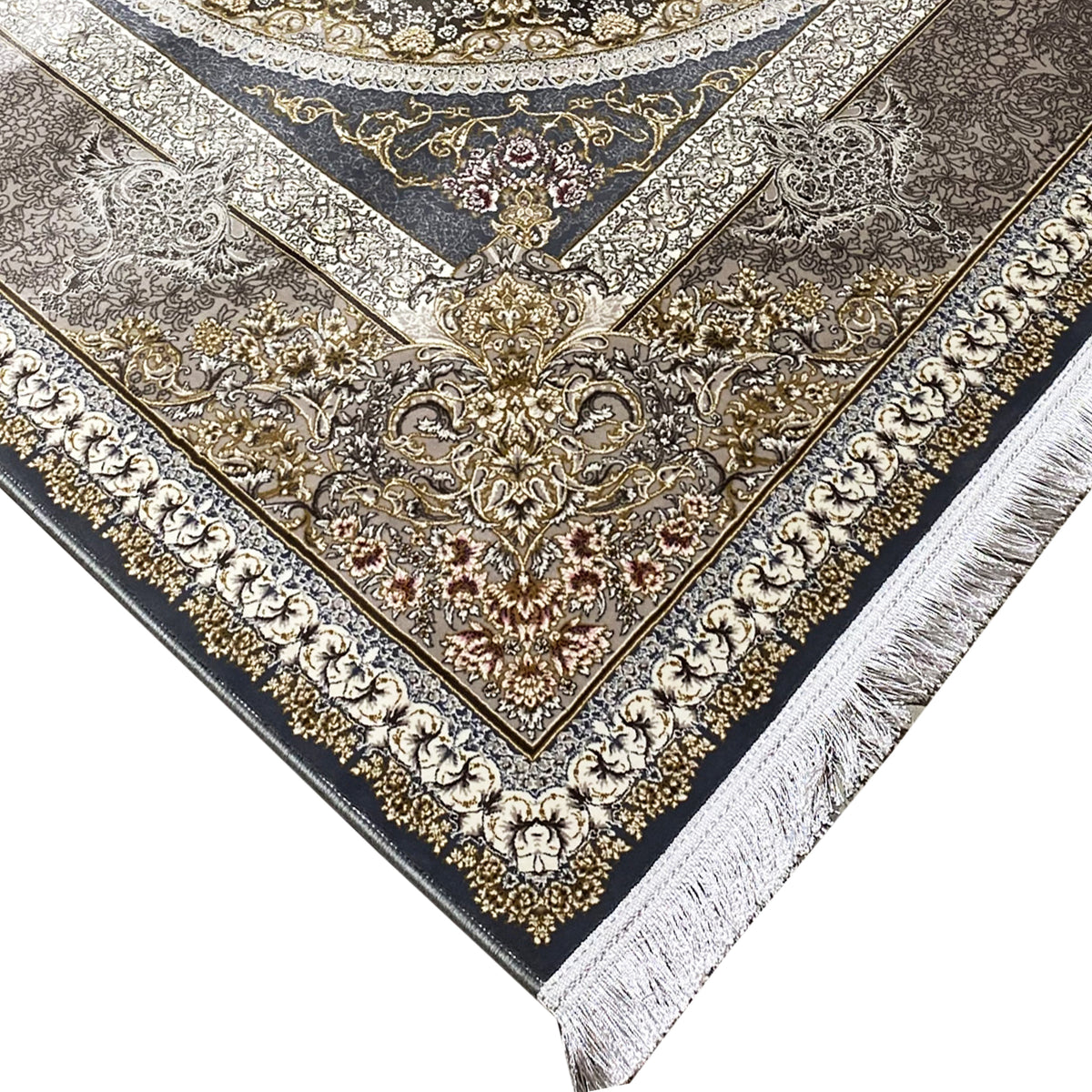 Dark blue carpet with an elaborate border ornament and decorative fringe at the corner