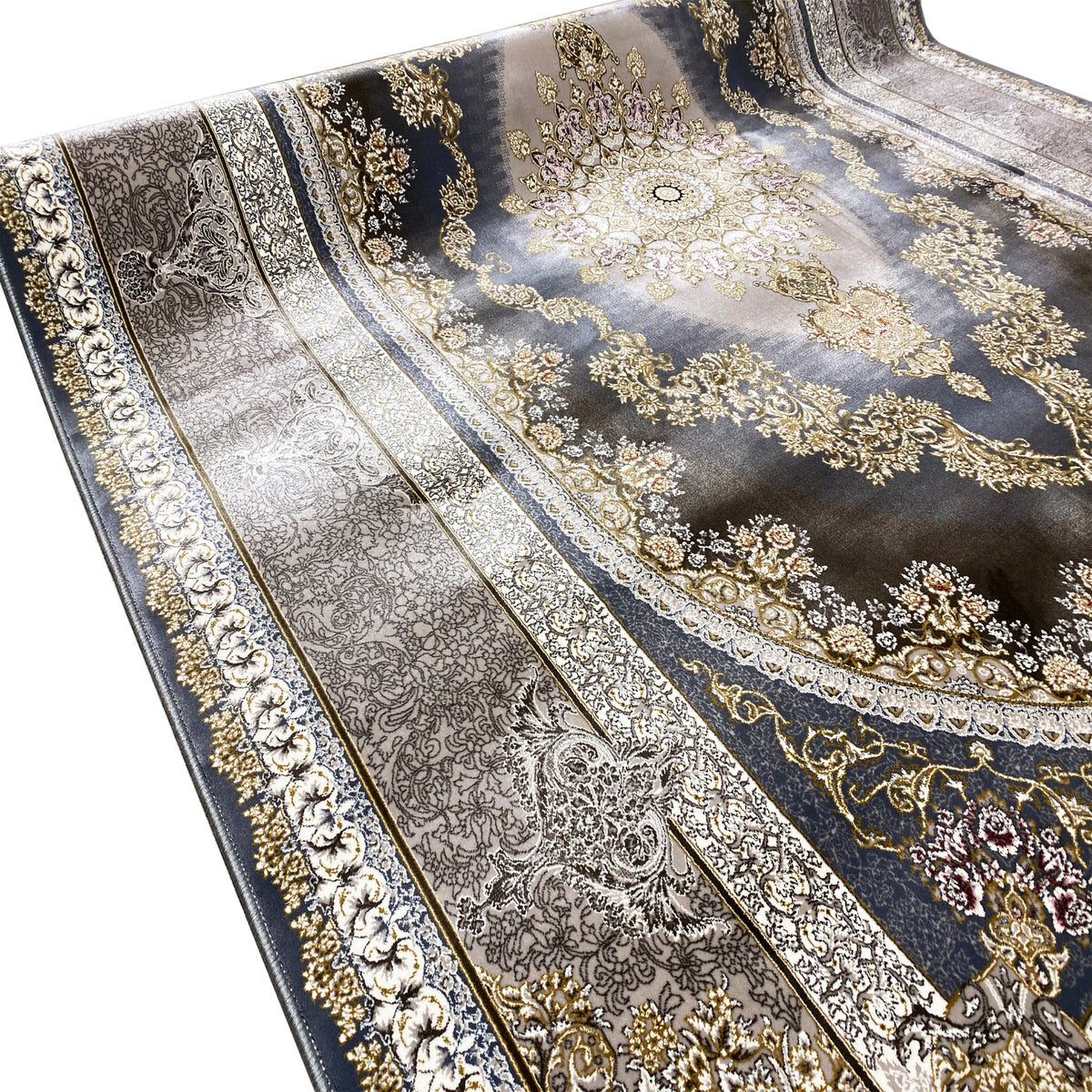 Close-up: dark blue carpet with silver embossed ornamental stripes and gold details