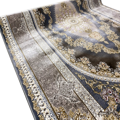 Close-up: dark blue carpet with silver embossed ornamental stripes and gold details