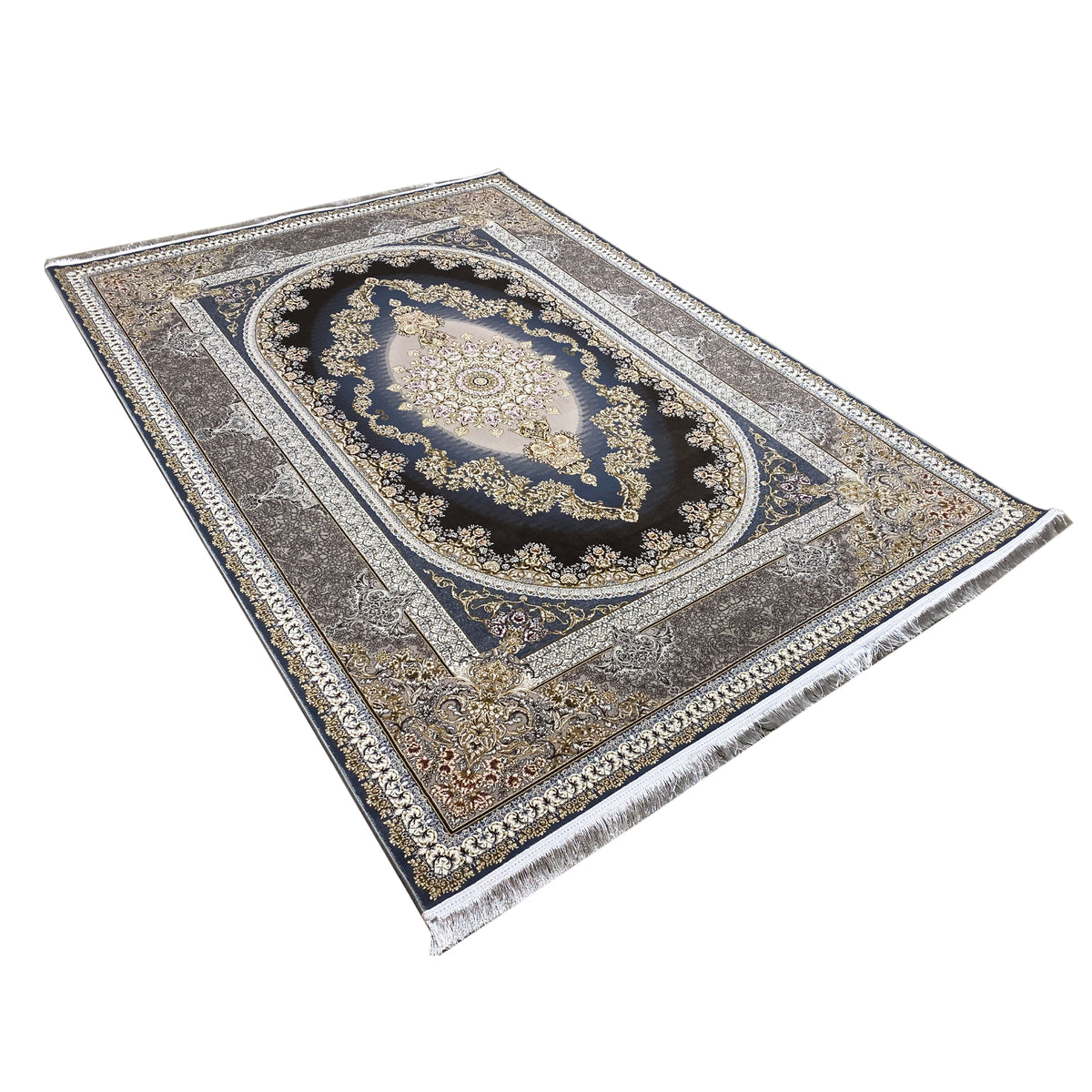 Rug viewed from above with a dark blue center and silver-gold ornamentation along the border.