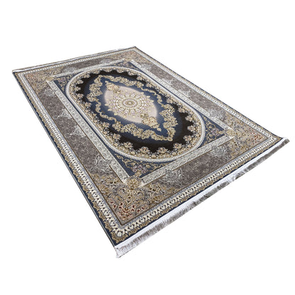 Rug viewed from above with a dark blue center and silver-gold ornamentation along the border.