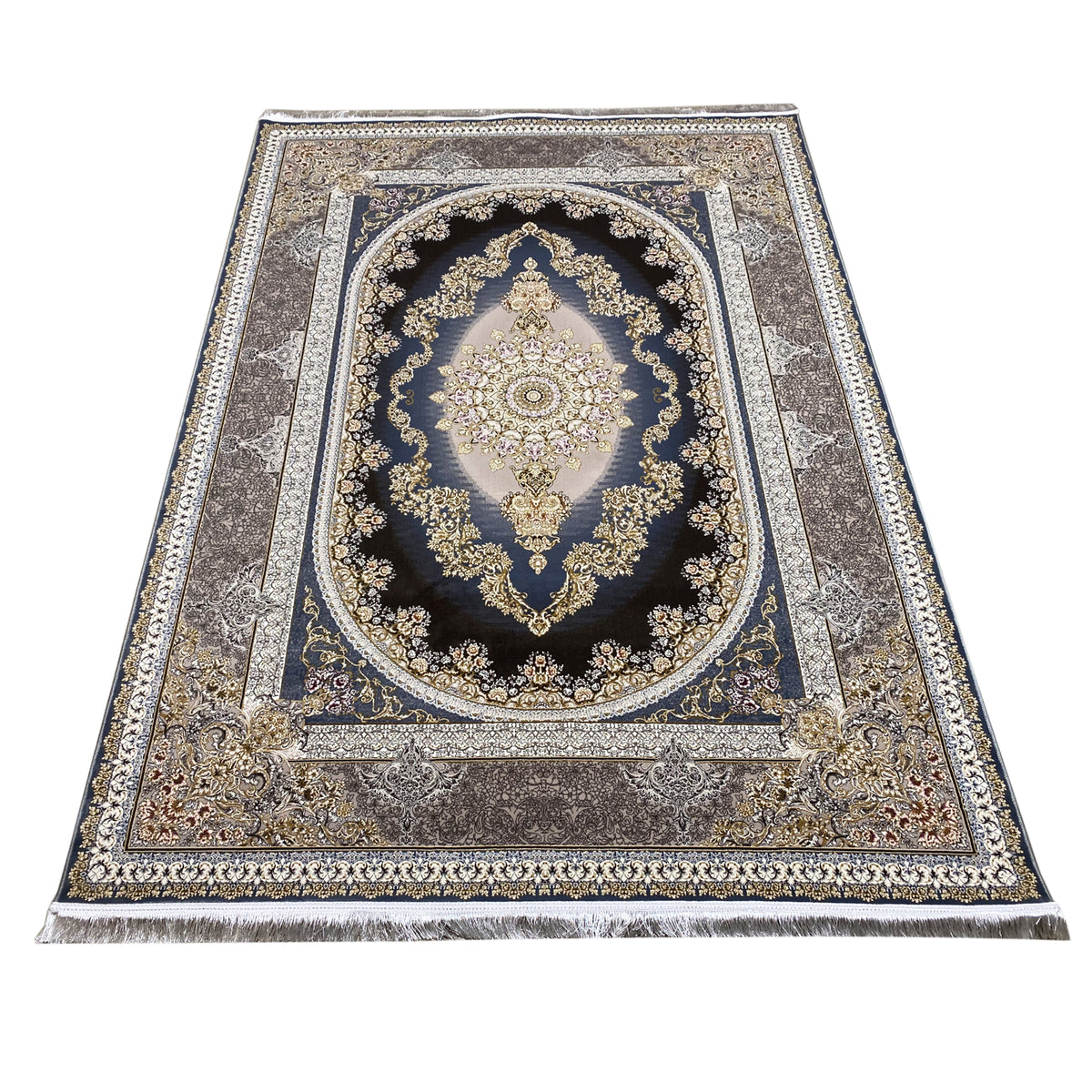 Rug with a central medallion in dark blue, golden motifs, and a silver patterned border.