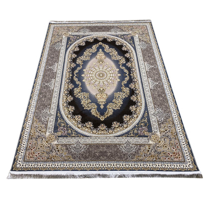 Rug with a central medallion in dark blue, golden motifs, and a silver patterned border.