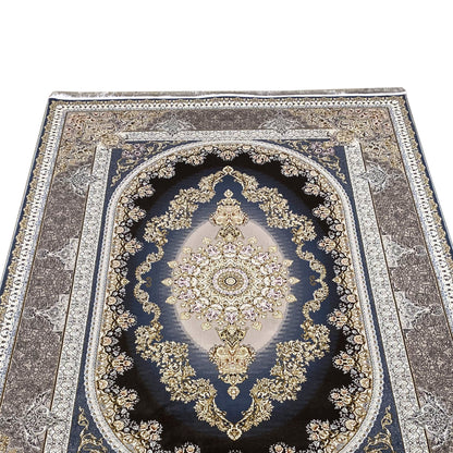 Detailed view of the carpet medallion: golden floral ornaments on a dark blue background.