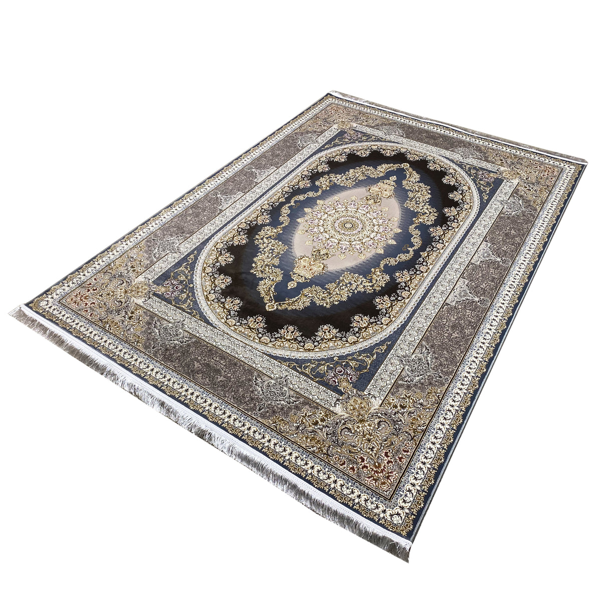 Rug spread out viewed from the side: dark blue circle with a gold decorative border and frame.