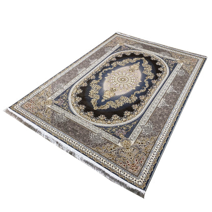 Rug spread out viewed from the side: dark blue circle with a gold decorative border and frame.