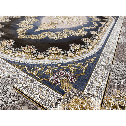 Close-up of a rug with a floral pattern, gold accents, and a silver border around the edge.
