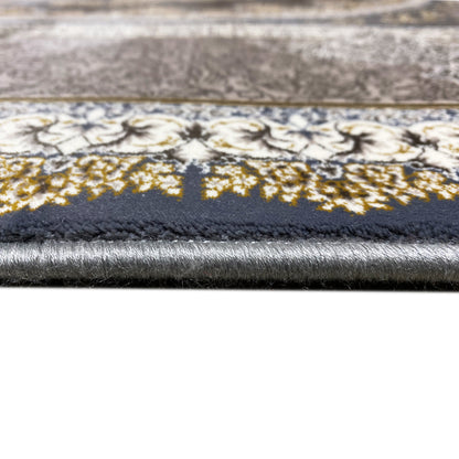 Carpet edge with pile beginning; silver-gold patterned stripes on the dark background, barely visible.