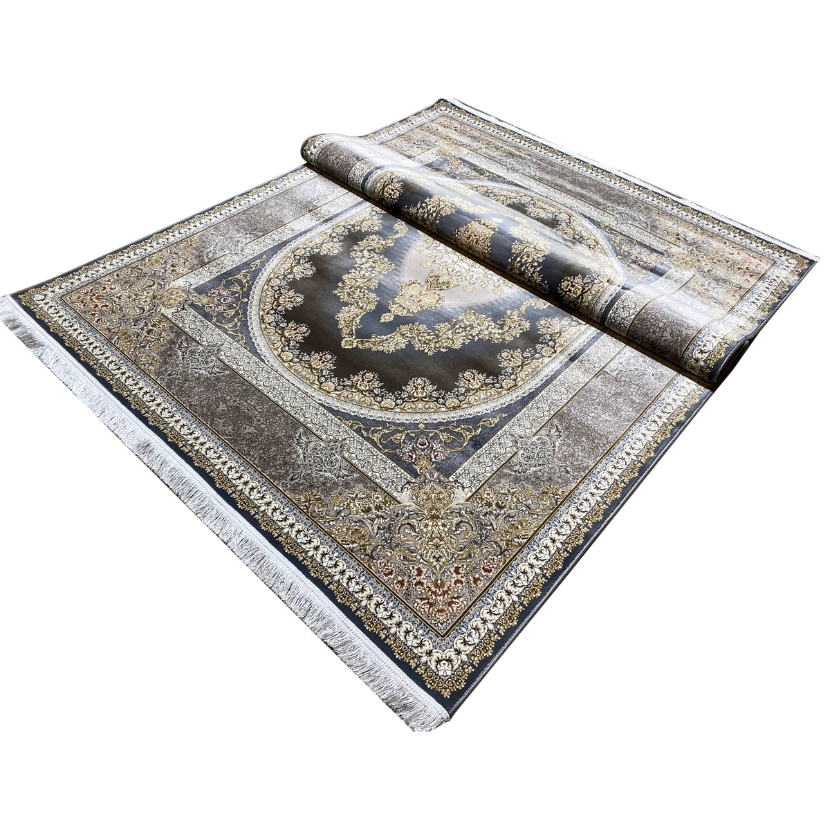 Rolled-up carpet: dark blue central area with a gold-and-silver ornamental pattern and border.