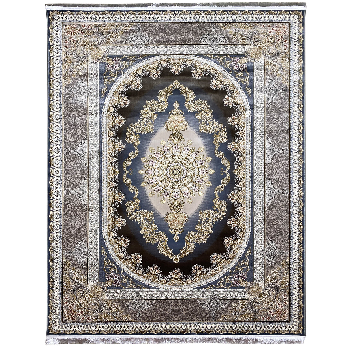 Square rug with a dark blue medallion, gold ornaments, and silver border trim.