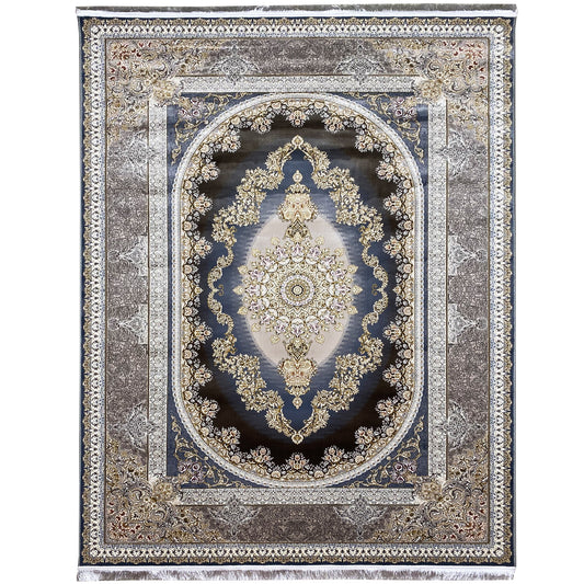 Square rug with a dark blue medallion, gold ornaments, and silver border trim.