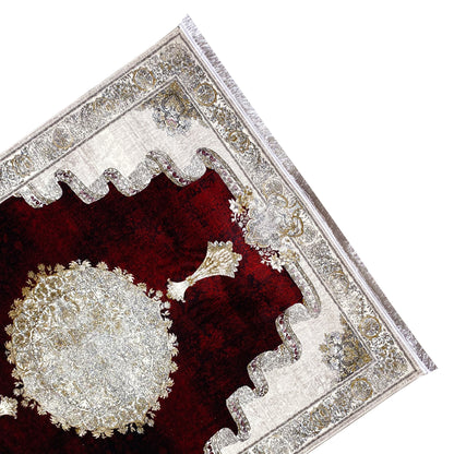 Rug 170x240 cm, angled: red central area with a white gold medallion and decorative border.