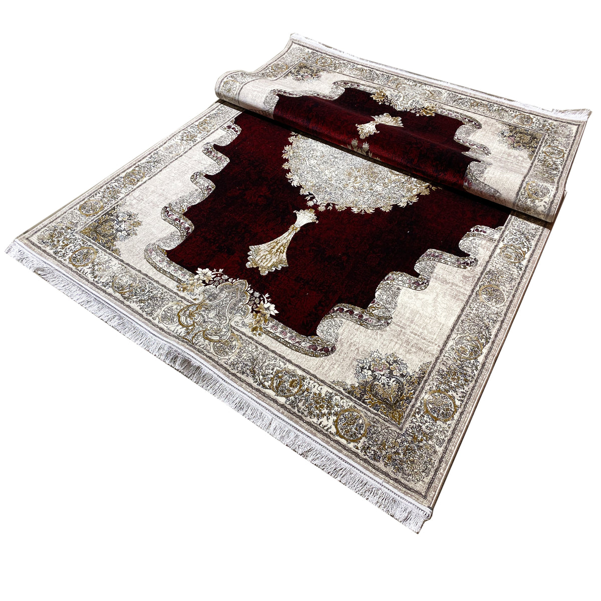 Red-burgundy carpet with a large medallion and silver ornaments in a rectangular frame