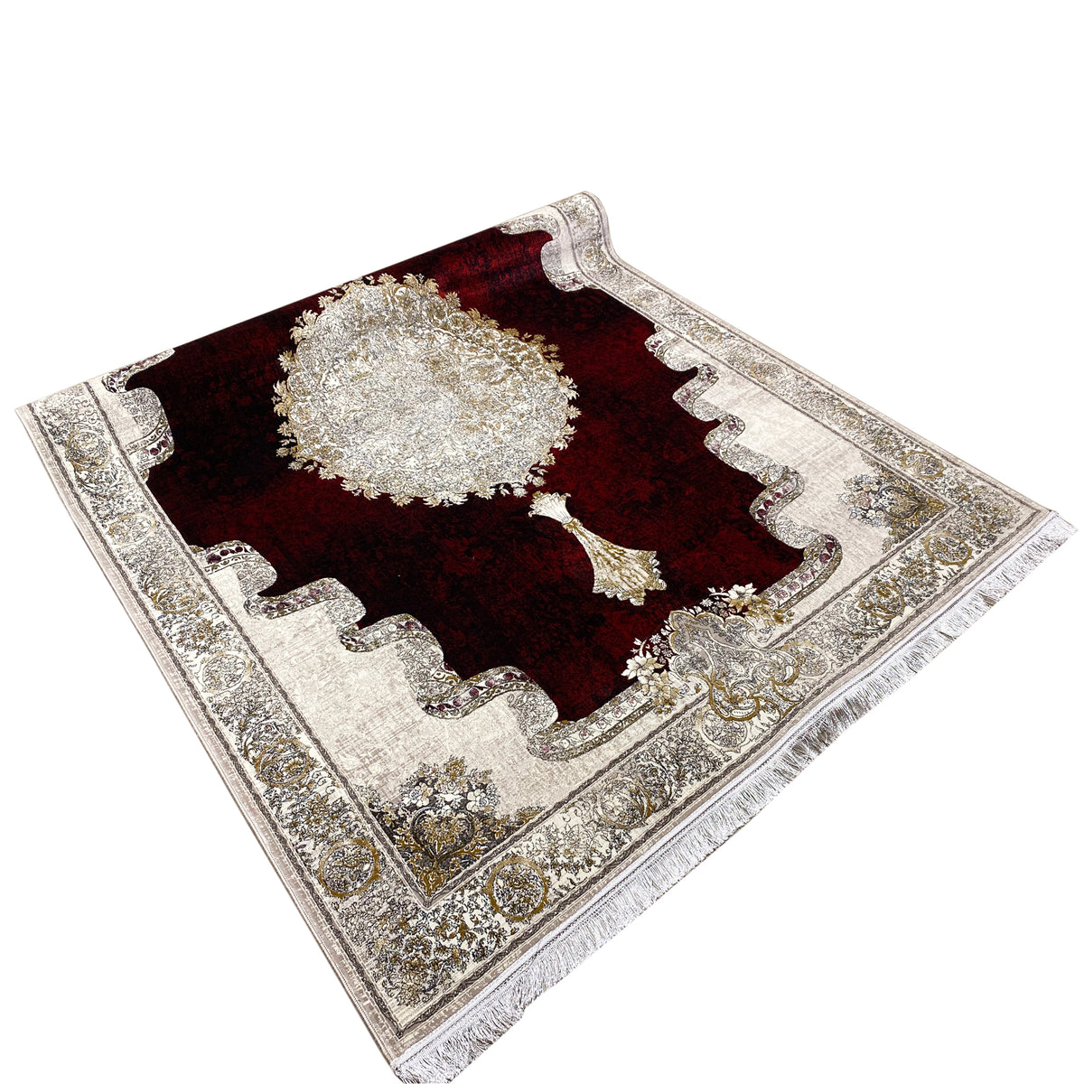 Red-burgundy carpet with a central circular motif, silver border design, and corner cartouches