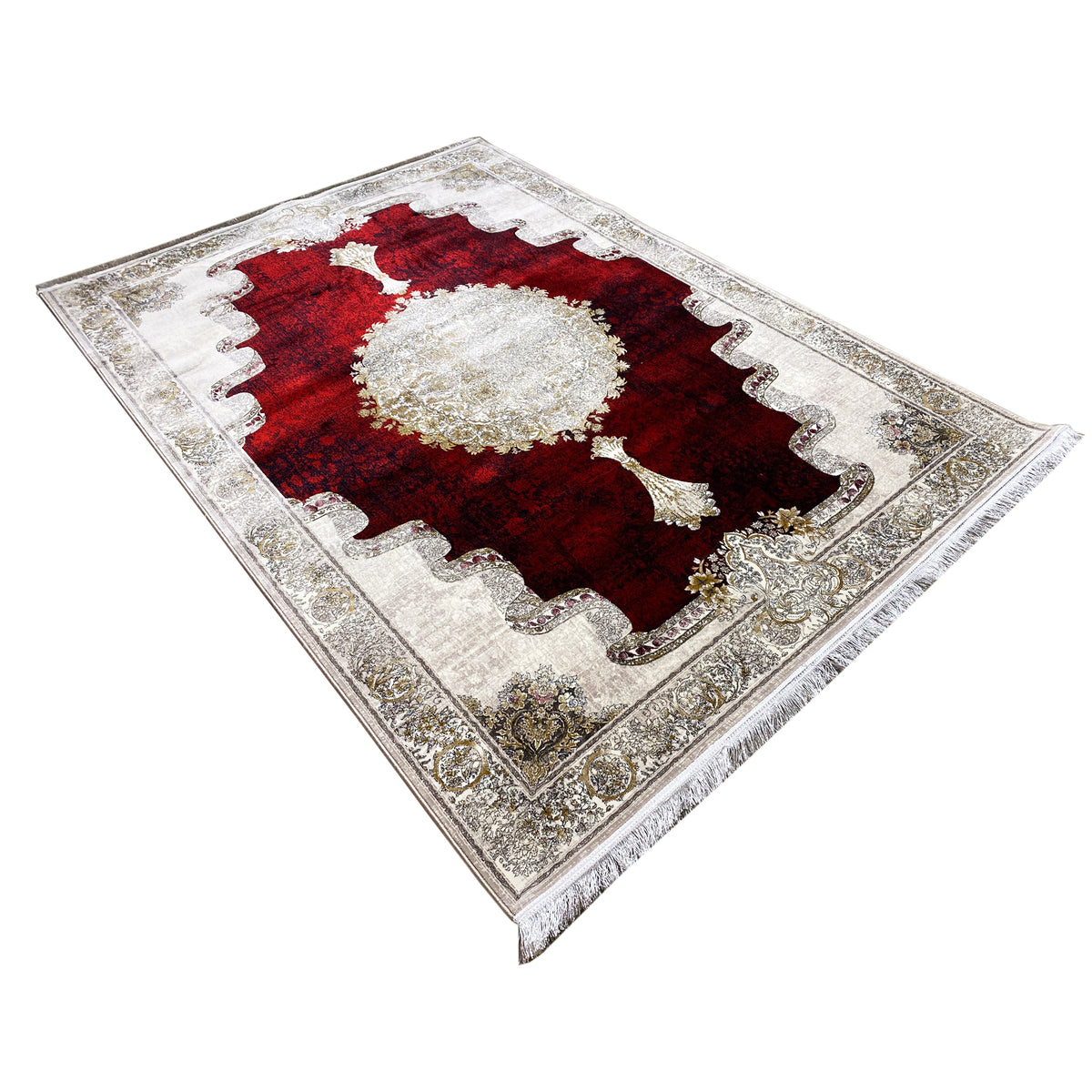 Rug 170x240 cm, viewed from above: red patterned field with a round white-and-gold medallion and border ornaments.
