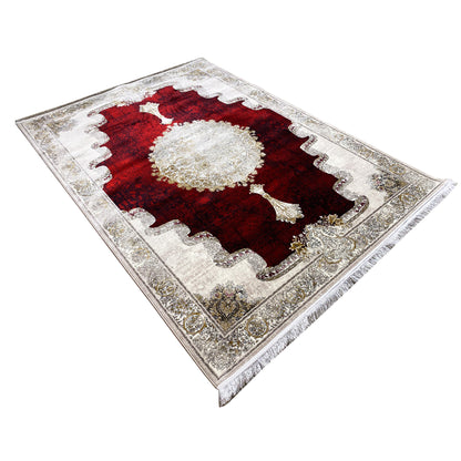 Rug 170x240 cm, viewed from above: red patterned field with a round white-and-gold medallion and border ornaments.