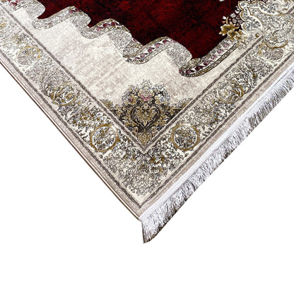 Rug 170x240 cm, corner: white decorative border with gold details, red central area.