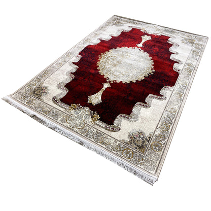 Rug 170x240 cm: red patterned field, round white-gold medallion, surrounding ornamental border.