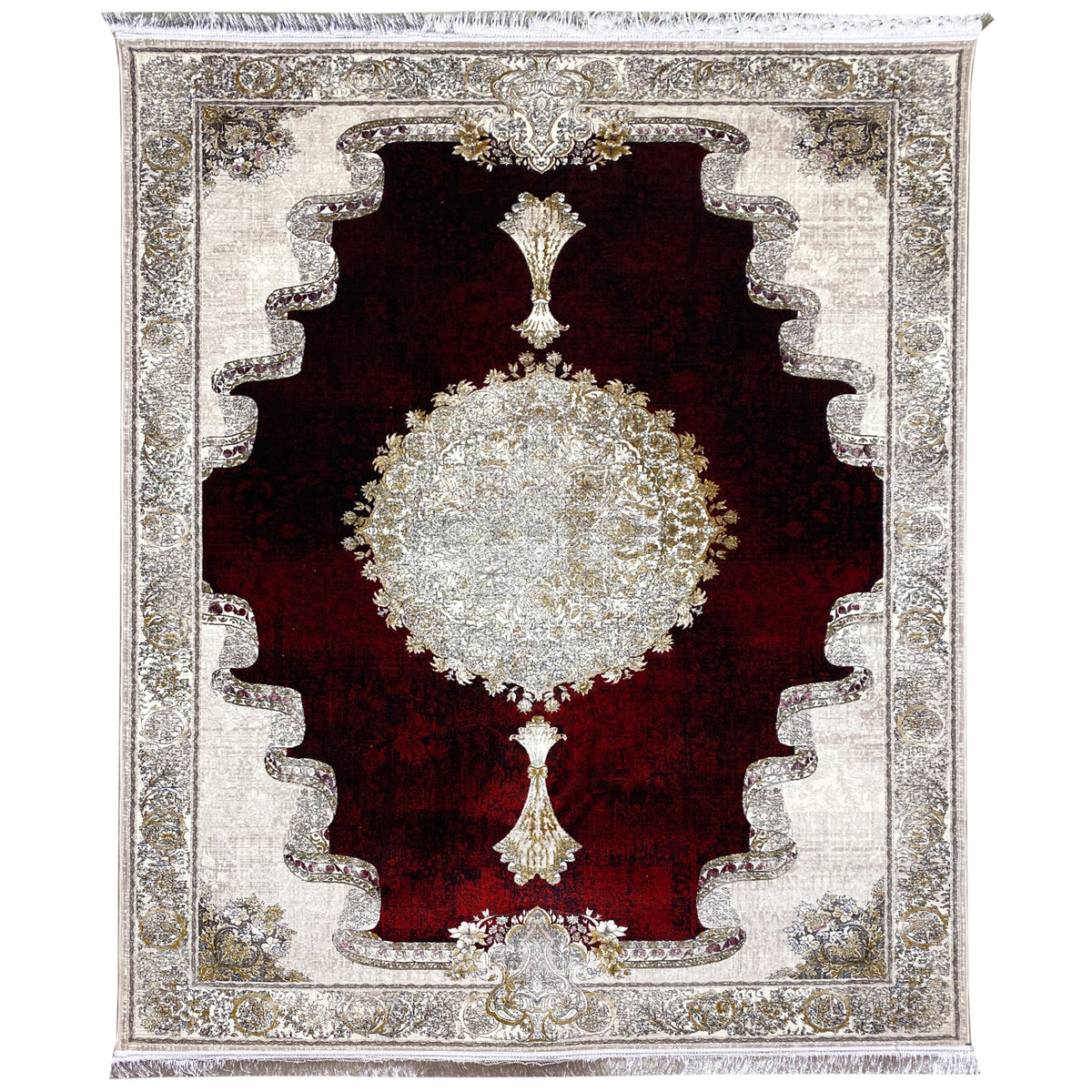 Rug 170x240 cm: red background, white-gold medallion, Baroque ornamental border.