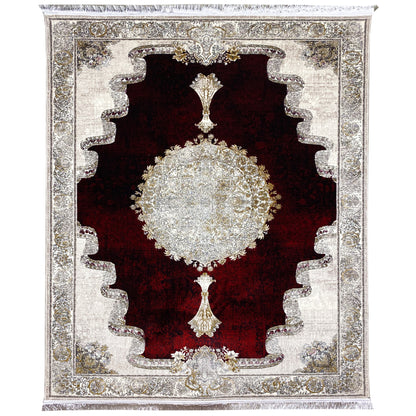 Rug 170x240 cm: red background, white-gold medallion, Baroque ornamental border.