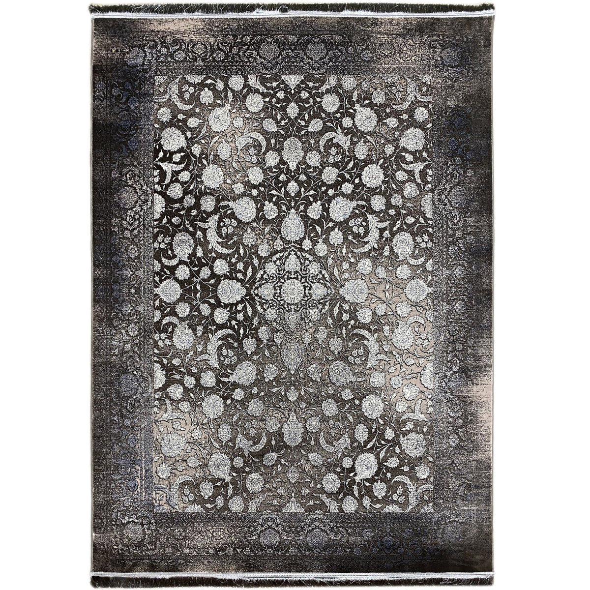 Moonflower rug 170x240 cm, dark pile with floral ornamentation, bordered, fringes