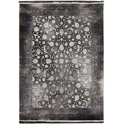 Moonflower rug 170x240 cm, dark pile with floral ornamentation, bordered, fringes