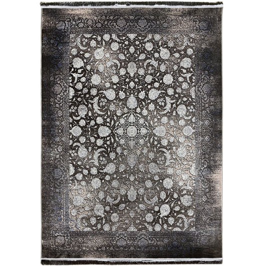 Moonflower rug 170x240 cm, dark pile with floral ornamentation, bordered, fringes