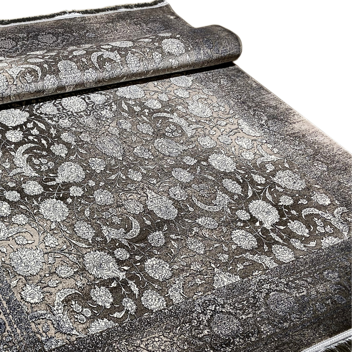 Rectangular rug 170x240 cm in anthracite with a silver floral pattern and edges