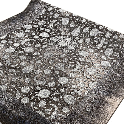Rug 170x240 cm with a dense, silver floral pattern on a dark background