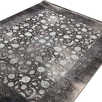 Moonflower rug 170x240 cm, close-up: dense floral pattern in gray and cream, woven look