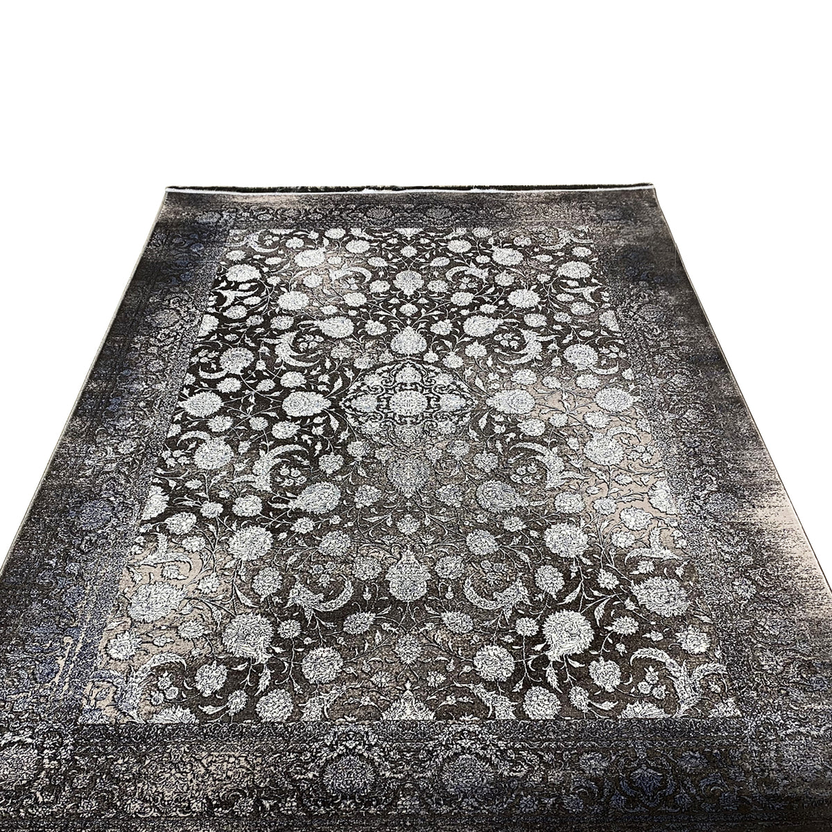 Moonflower rug 170x240 cm, front view: floral vintage pattern, dark tones, fringes