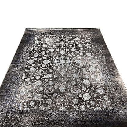 Moonflower rug 170x240 cm, front view: floral vintage pattern, dark tones, fringes