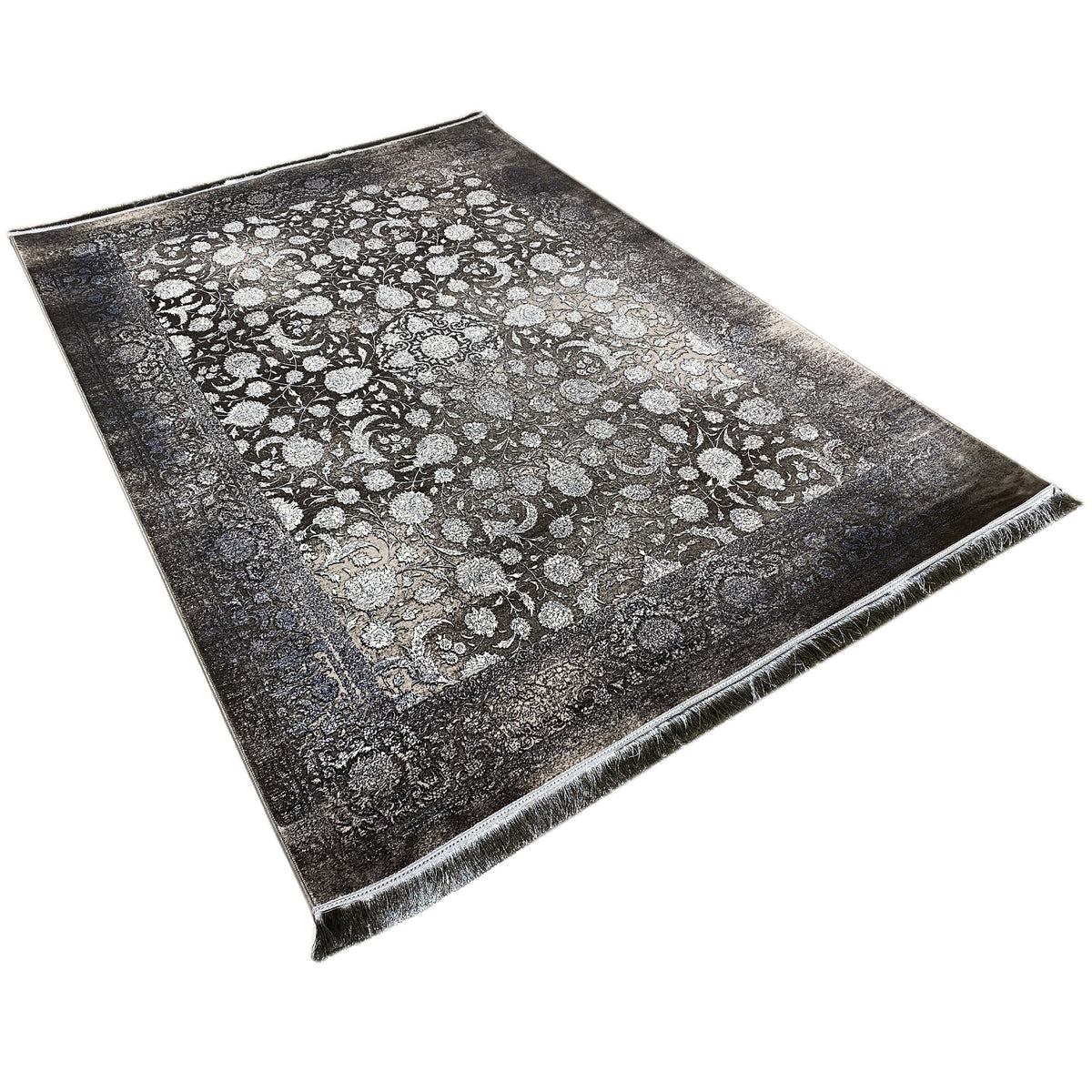 Moonflower rug 170x240 cm, diagonal view with all-over ornaments, bound edge, fringes