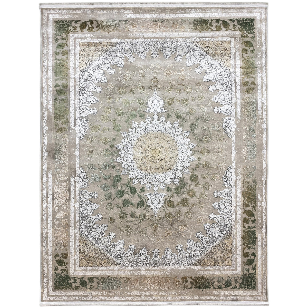 Rug 170x240 cm with an ornamental pattern, border, and medallion in silver and forest green