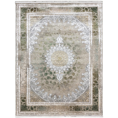 Rug 170x240 cm with an ornamental pattern, border, and medallion in silver and forest green