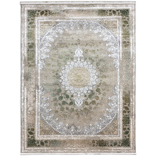 Rug 170x240 cm with an ornamental pattern, border, and medallion in silver and forest green
