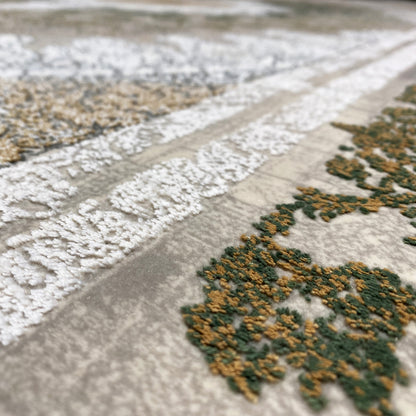 Rectangular rug with silver-gray pile and muted green ornamental accents